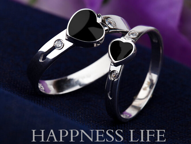 黑色心形戒指情侣款 爱心形 戒指 男女纯银 对戒情人节礼物